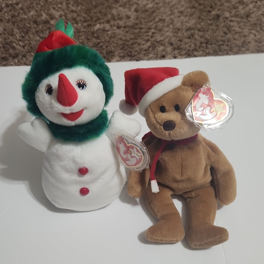 Ty Beanie Baby Christmas Lot, Snowgirl And 1997 Teddy